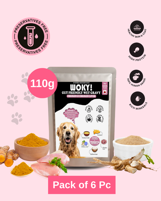 WOKY! Gut Friendly Wet dog food - Chicken & Chicken Liver with Added Prebiotics - for Adult Dogs 110gms (Pack of 6 Pc)