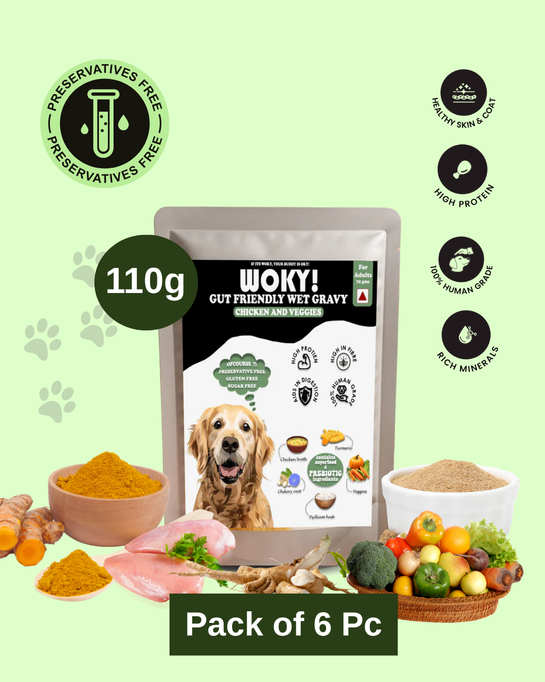 WOKY! Gut Friendly Wet Dog Food - Chicken & Veggies with Added Prebiotics - Adult Dogs 110gms  (Pack Of 6 Pc)