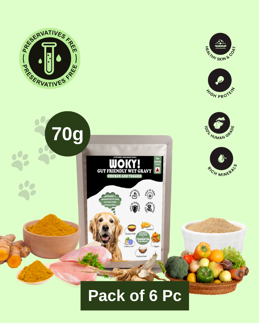 WOKY! Gut Friendly Wet dog food - Chicken & Veggies with Added Prebiotics - for Adult Dogs 70gms (Pack of 6 Pc)