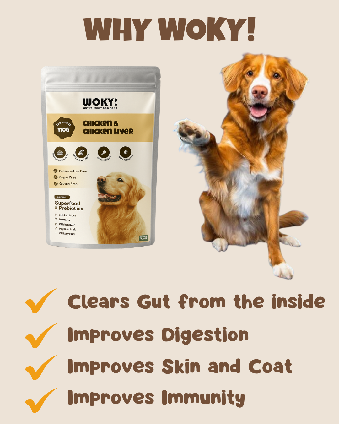 WOKY! Gut Friendly Wet dog food - Chicken & Liver with Added Prebiotics - for Adult Dogs 110gms (Pack of 6 Pc)